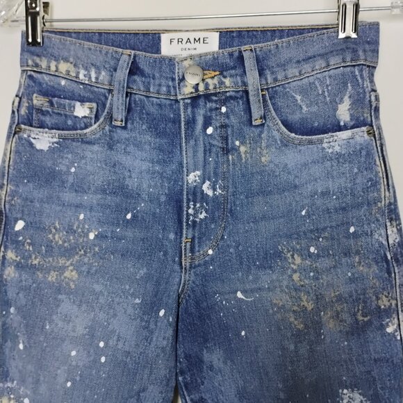 Frame Jeans Le Sylvie Kick Boot Out Paint Splatter Fray High Rise Crop Denim 24 - Picture 4 of 11